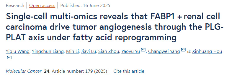 單細(xì)胞多組學(xué)揭示 在脂肪酸重編程條件下，F(xiàn)ABP1陽(yáng)性腎細(xì)胞癌通過PLG-PLAT信號(hào)軸驅(qū)動(dòng)腫瘤血管生成