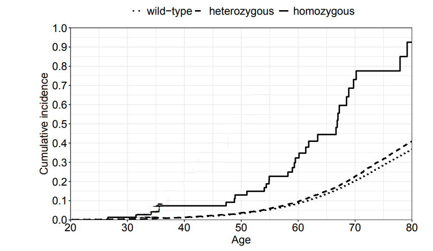 FANCM基因c.5101C>T位點(diǎn)純合突變攜帶者、雜合突變攜帶者及野生型（wt）個(gè)體的首次浸潤性癌癥累積發(fā)病率
