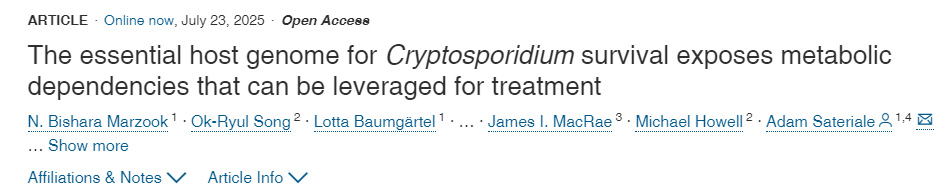 揭示隱孢子蟲生存必需的宿主基因組，暴露可用于治療的代謝依賴性