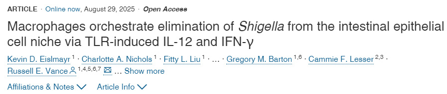 巨噬細(xì)胞通過Toll樣受體誘導(dǎo)的白細(xì)胞介素12與γ干擾素，協(xié)調(diào)清除腸上皮細(xì)胞微環(huán)境中的志賀氏菌