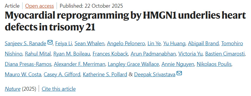 HMGN1所致的心肌重編程是21三體綜合征心臟缺陷的根本原因