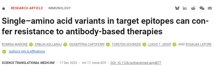 靶向表位中的單個(gè)氨基酸變異可導(dǎo)致抗體療法產(chǎn)生耐藥性