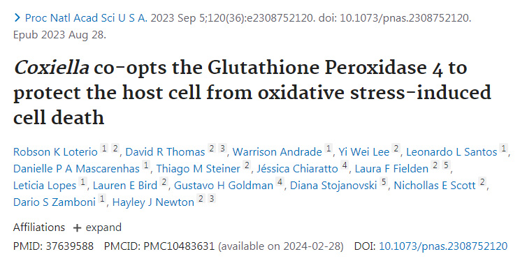 Coxiella產(chǎn)生的谷胱甘肽過(guò)氧化物酶4保護(hù)宿主細(xì)胞免受氧化應(yīng)激誘導(dǎo)的細(xì)胞凋亡