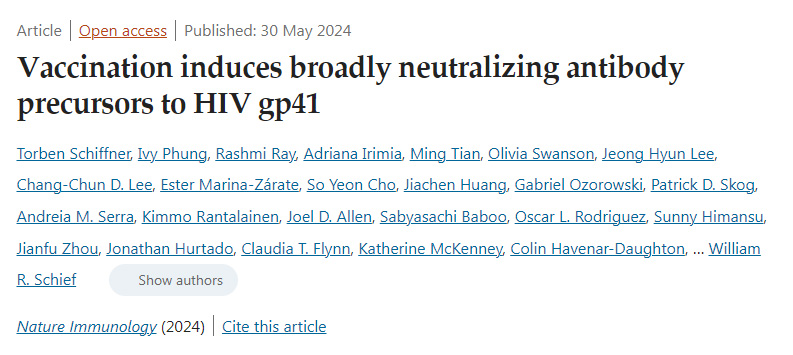 疫苗接種誘導(dǎo)對HIV gp41的廣泛中和抗體前體